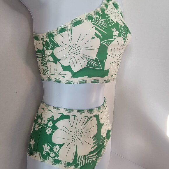 Women's Green‎ Floral Print One Shoulder High Waist Bikini Set - SZ SM - Picture 2 of 4